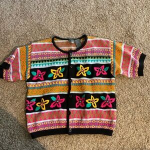 Vintage Flower Fair Isle Striped Cardigan Sweater S